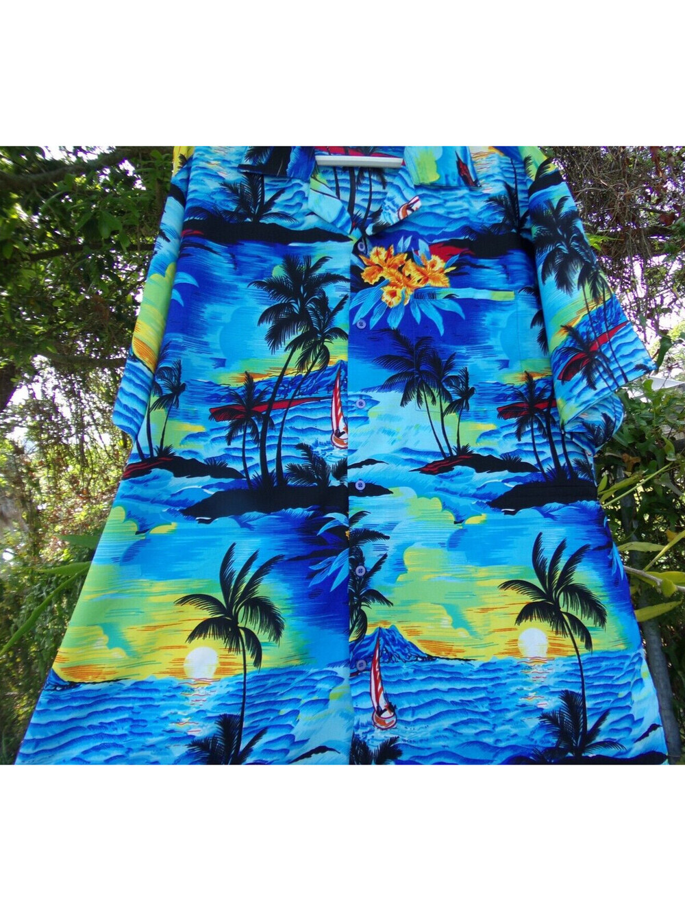 V.H.O Tropical Shirt 4XL Blue Floral Palm Island Print Sailboat Hawaiian style. - Picture 9 of 11